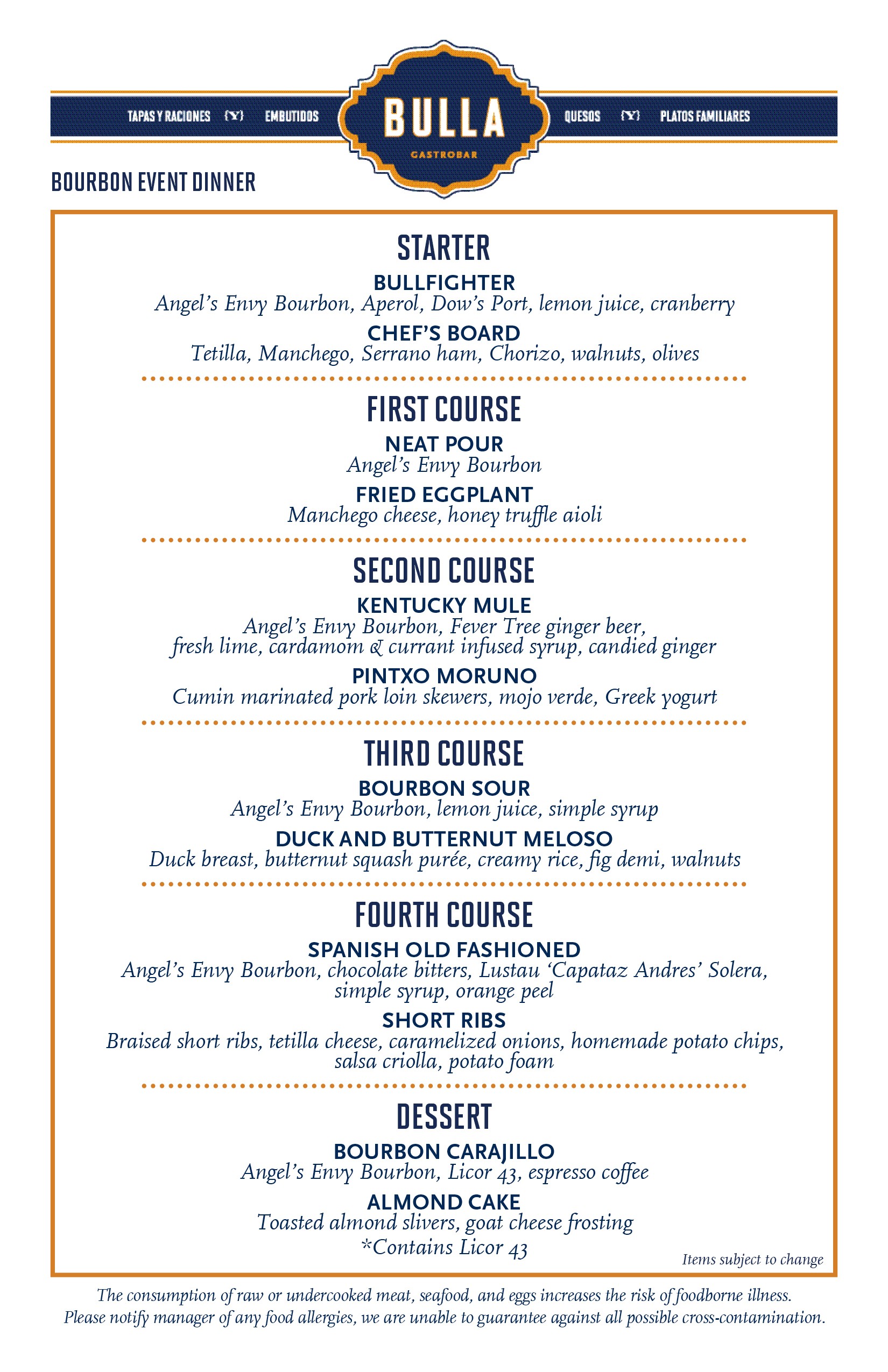 Bulla Gastrobar bourbon pairing dinner event Menu