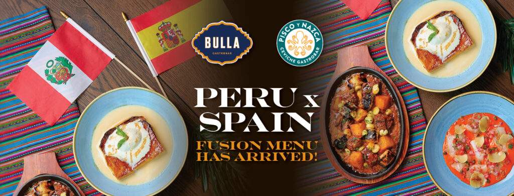 Fusion dishes from Bulla and Pisco y Nazca’s Peru x Spain menu, featuring tiradito, anticucho, and torrija limeña with Peruvian and Spanish flags.