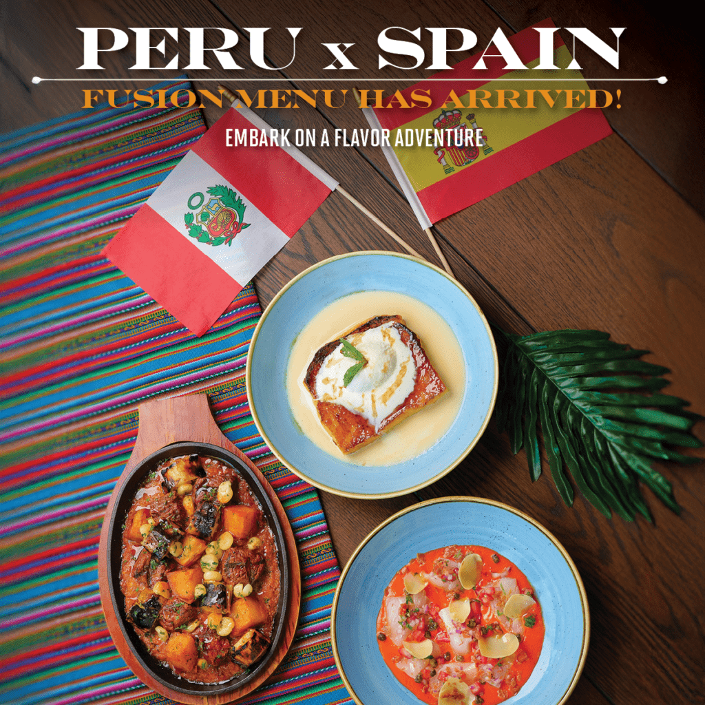Fusion dishes from Bulla and Pisco y Nazca’s Peru x Spain menu, featuring tiradito, anticucho, and torrija limeña with Peruvian and Spanish flags.