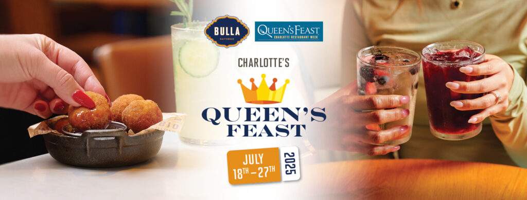 Scene from Queen’s Feast at Bulla Gastrobar: a hand picks up a croquette from a skillet beside a cucumber cocktail, as two women toast with berry and hibiscus iced drinks.