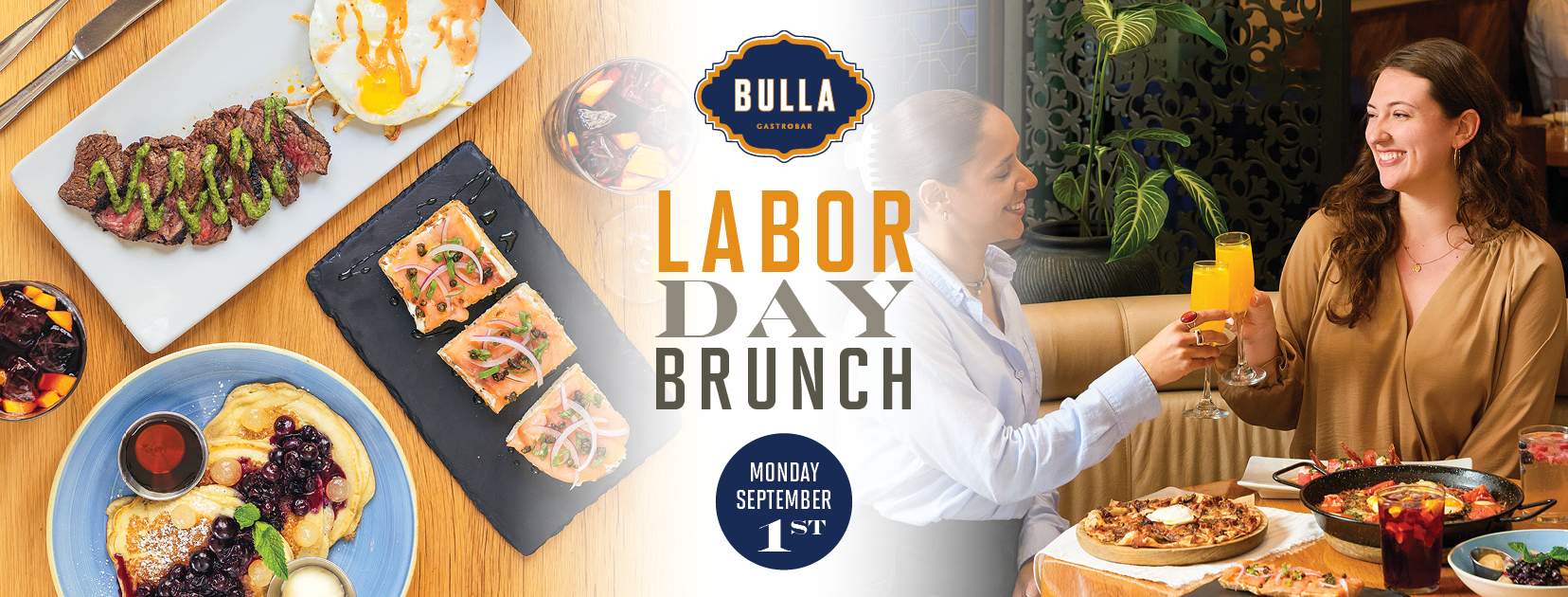 Promotional graphic for Bulla Gastrobar’s LABOR DAY BRUNCH.
