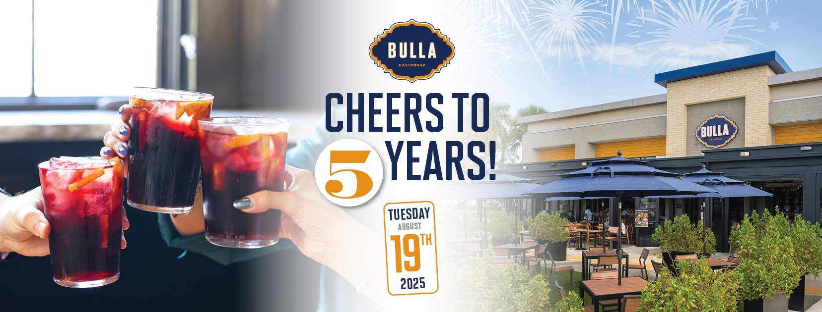 “Red sangría cheers at Bulla The Falls patio with fireworks — 5th anniversary celebration.”