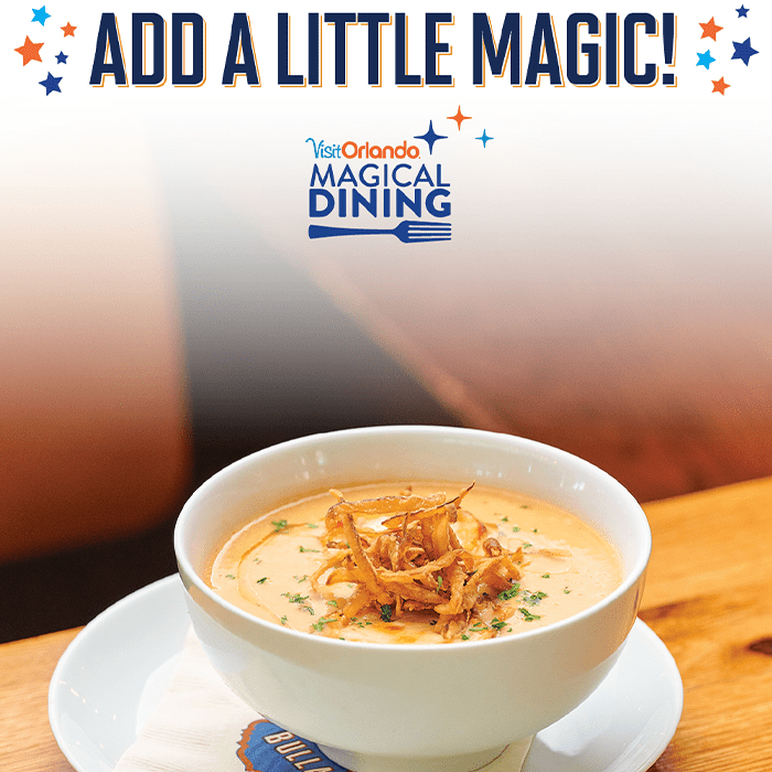 Creamy soup with crispy onions at Bulla Gastrobar for Visit Orlando Magical Dining.