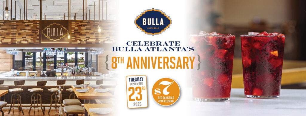 Red sangrias at Bulla Atlanta served during the restaurant’s 8th Anniversary celebration with exclusive food and drink specials.