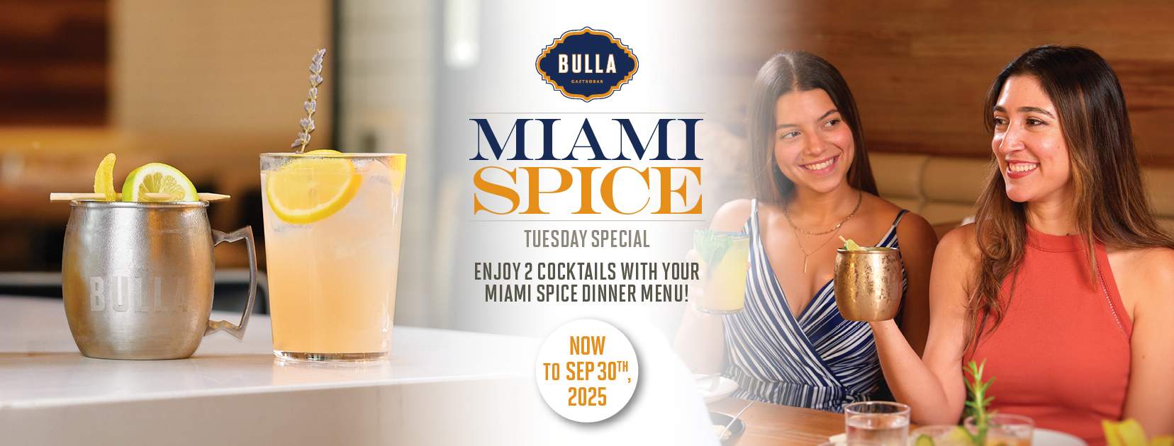 Promotional poster for Bulla Gastrobar’s Miami Spice Tuesday Special featuring two cocktails