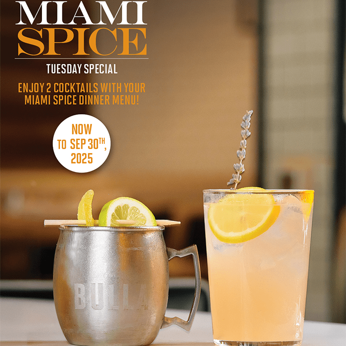 Promotional poster for Bulla Gastrobar’s Miami Spice Tuesday Special featuring two cocktails