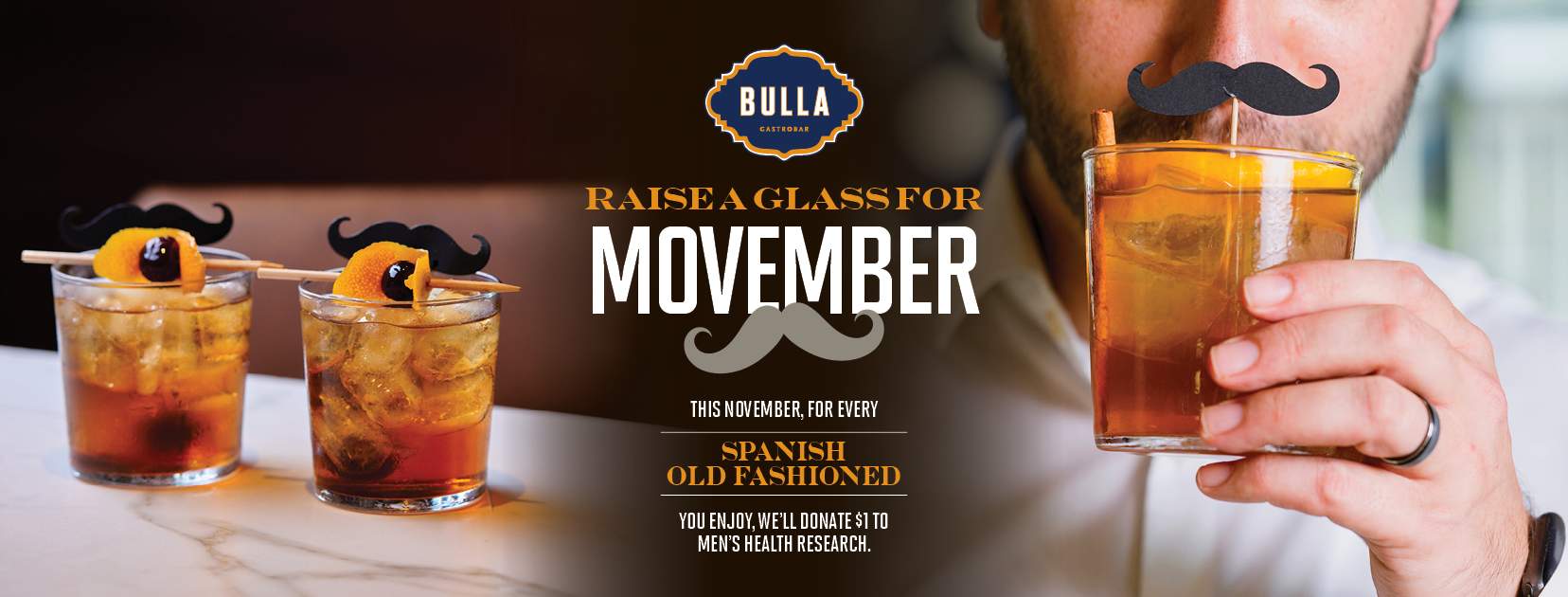 Spanish Old Fashioned cocktail with orange peel, cherry, and Movember mustache garnish served at Bulla Gastrobar.