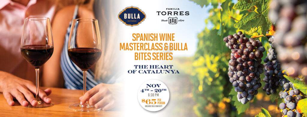 Spanish Wine Masterclass at Bulla Gastrobar featuring Torres wines from Catalunya, paired with tapas like pan con tomate, canelones, and steak pintxo.