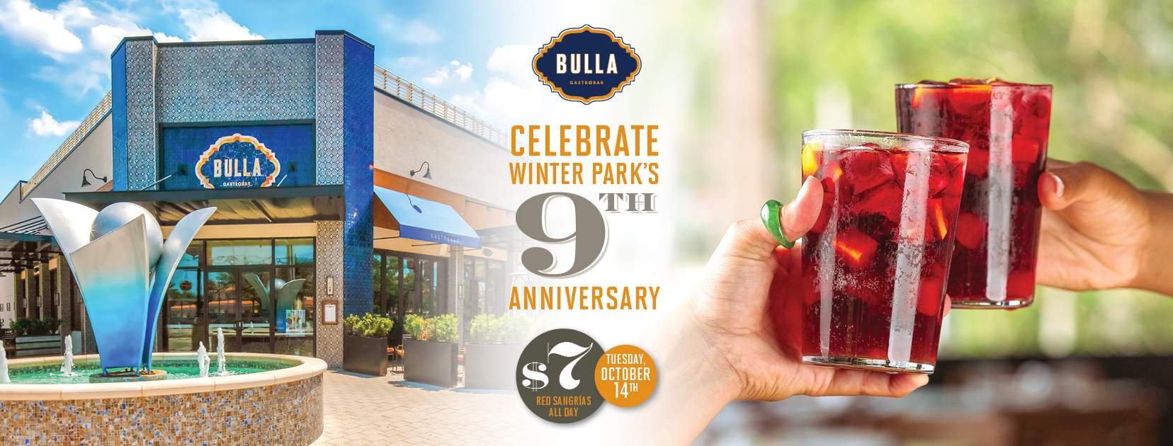 Bulla Gastrobar Winter Park exterior and guests toasting sangrías, celebrating the 9th anniversary.