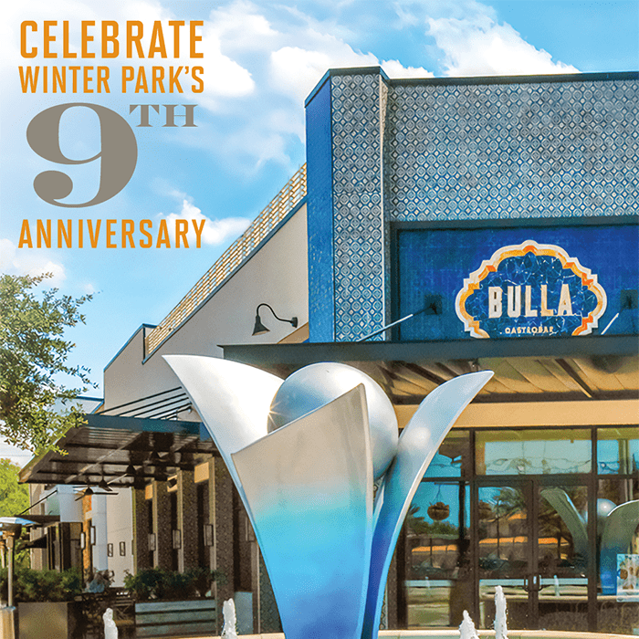 Bulla Gastrobar Winter Park exterior and guests toasting sangrías, celebrating the 9th anniversary.