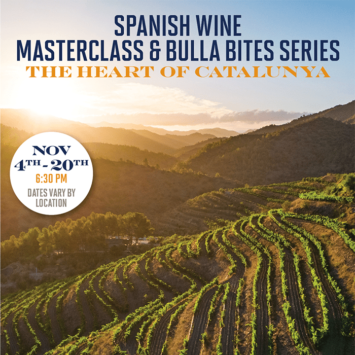 Spanish Wine Masterclass at Bulla Gastrobar featuring Torres wines from Catalunya, paired with tapas like pan con tomate, canelones, and steak pintxo.
