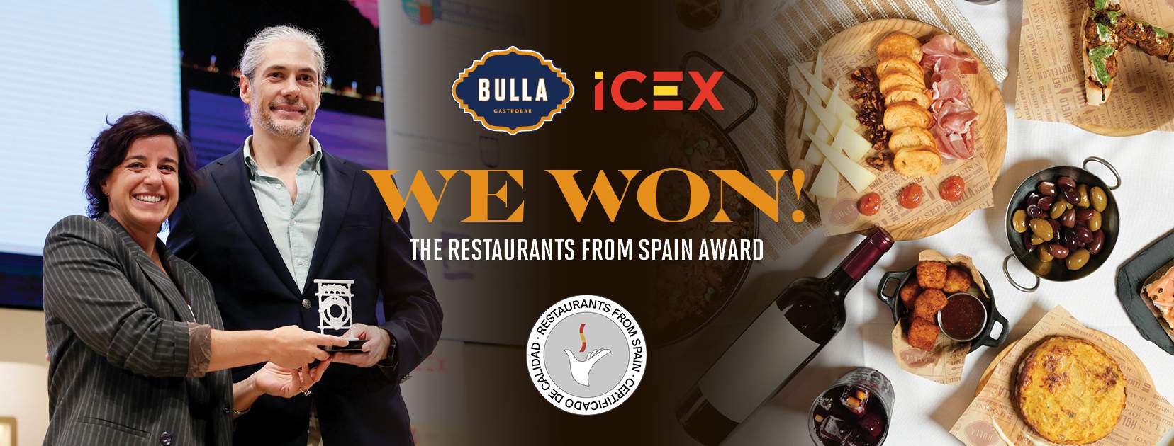 “Bulla Gastrobar receiving the Restaurants From Spain Award from ICEX, featuring the award presentation and a spread of authentic Spanish dishes.