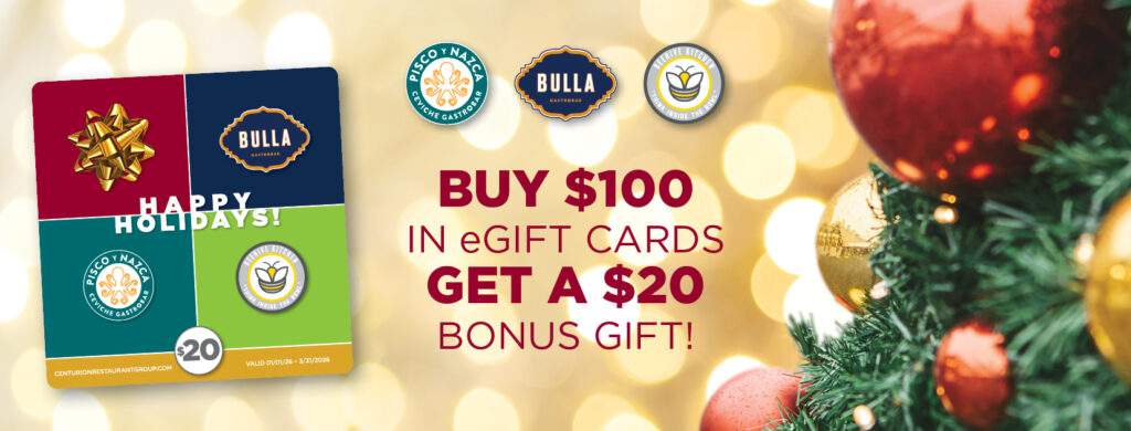 Holiday eGift card promotion for Bulla Gastrobar, Pisco y Nazca, and Beehive Kitchen showing a festive $20 bonus card with Christmas decor.
