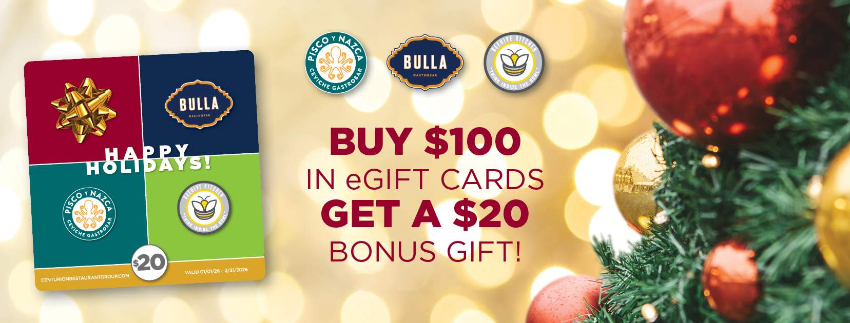 Holiday eGift card promotion for Bulla Gastrobar, Pisco y Nazca, and Beehive Kitchen showing a festive $20 bonus card with Christmas decor.