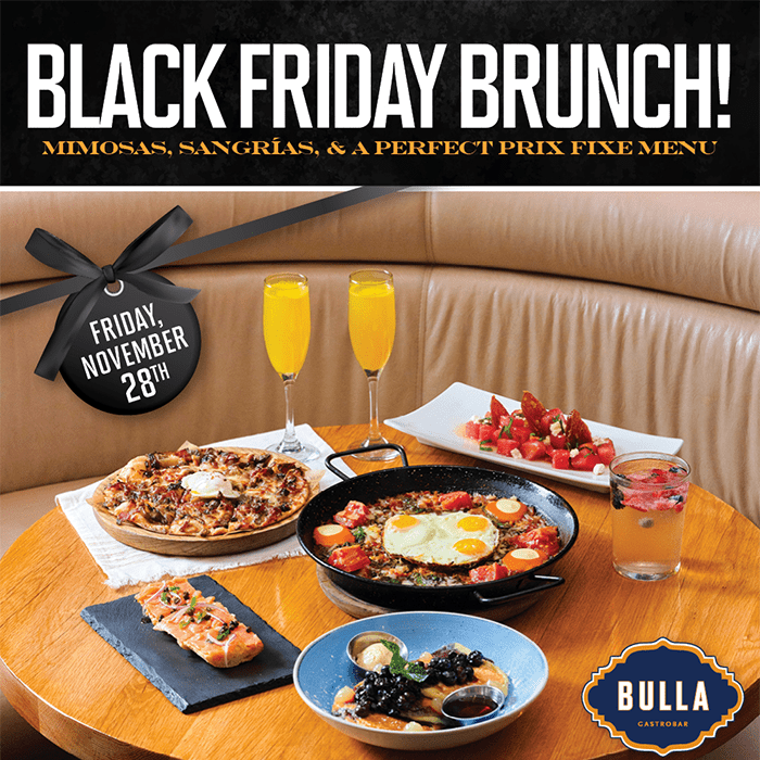 Bulla Gastrobar Black Friday Brunch promo with sangria, mimosas, Spanish brunch dishes, and date tag for Friday, November 29th