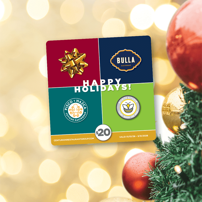 Holiday eGift card promotion for Bulla Gastrobar, Pisco y Nazca, and Beehive Kitchen showing a festive $20 bonus card with Christmas decor.