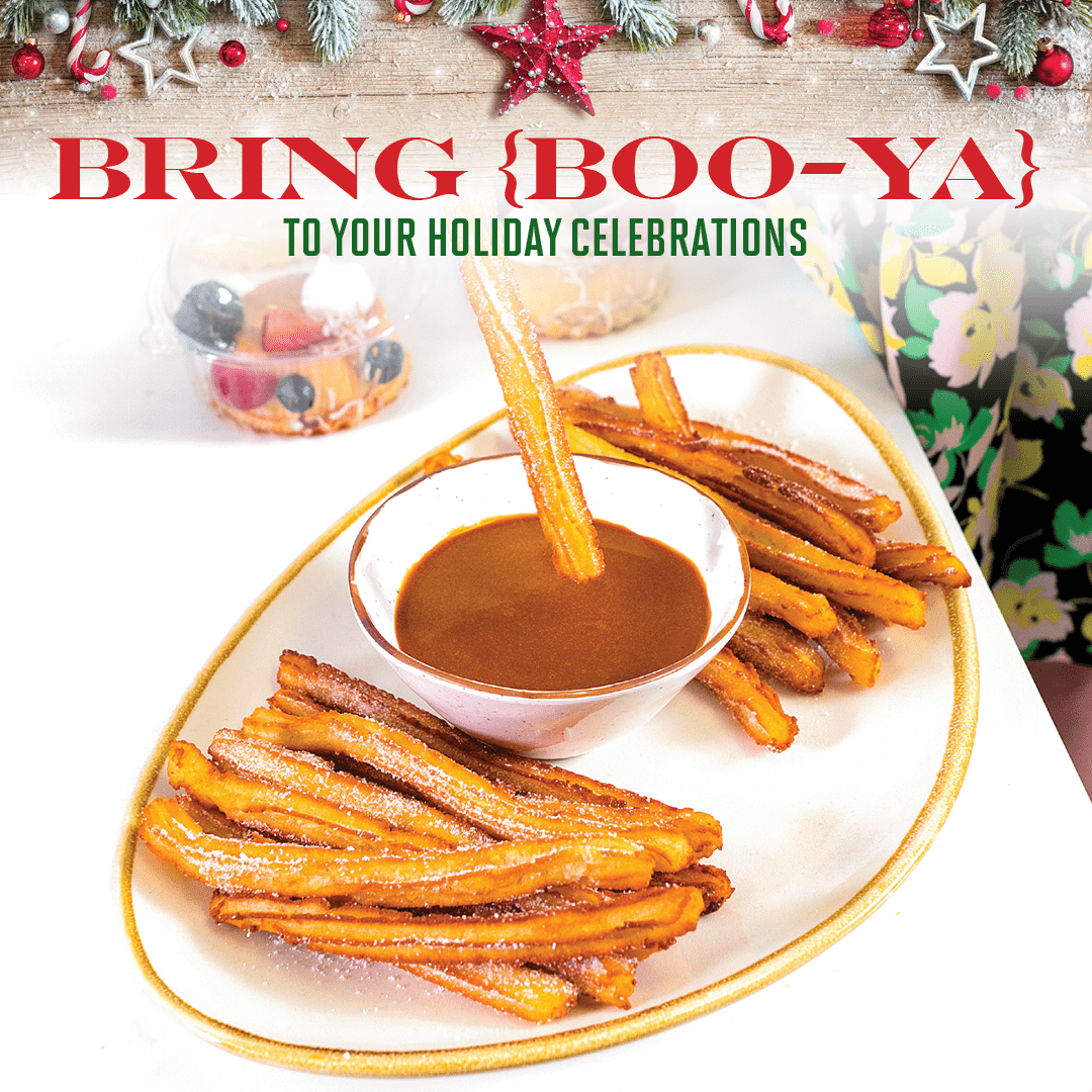 Bulla holiday catering promo with free churros on orders over $100, available December 1–31.