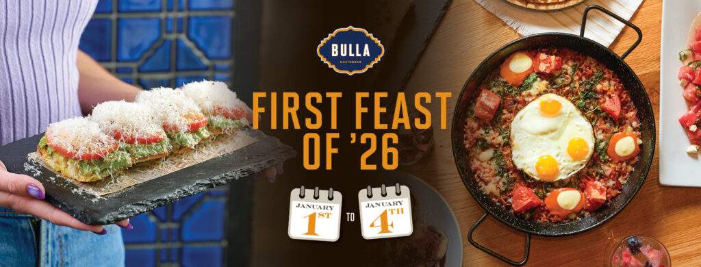 First Feast of ’26 banner featuring Spanish-style brunch dishes, including eggs, tapas, and shareable plates.