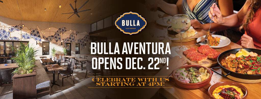 “Bulla Aventura grand opening on December 22 with vibrant patio seating, paella tasting, cocktails, and guests celebrating the new location launch”