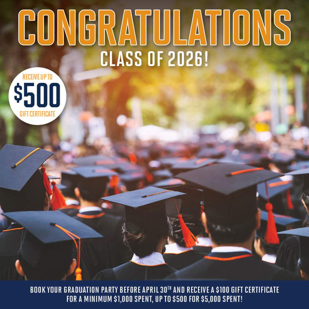 Promotional banner featuring graduates in caps and gowns with text “Congratulations Class of 2026!” and an offer to receive up to a $500 gift certificate when booking a graduation party before April 30th.