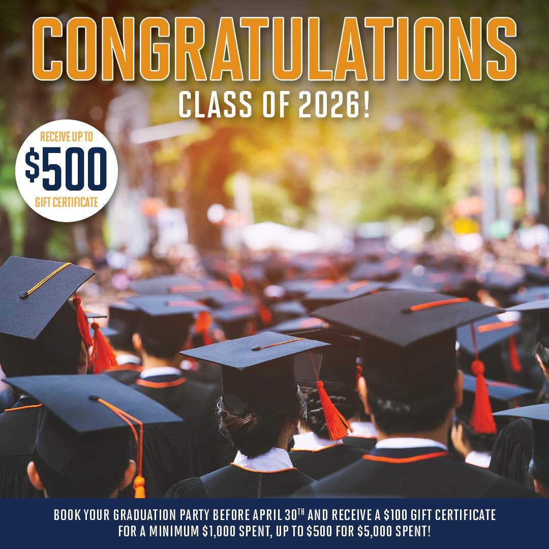 Promotional banner featuring graduates in caps and gowns with text “Congratulations Class of 2026!” and an offer to receive up to a $500 gift certificate when booking a graduation party before April 30th.