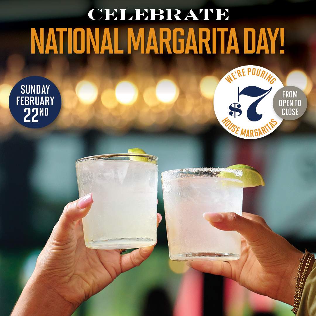 Promotional image for Bulla Gastrobar celebrating National Margarita Day featuring two hands holding salt-rimmed margaritas with lime wedges and $7 house margaritas from open to close on Sunday, February 22nd.