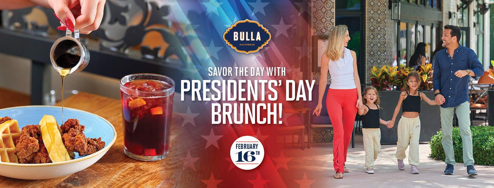 Family smiling in front of Bulla Gastrobar, celebrating Presidents Day weekend.