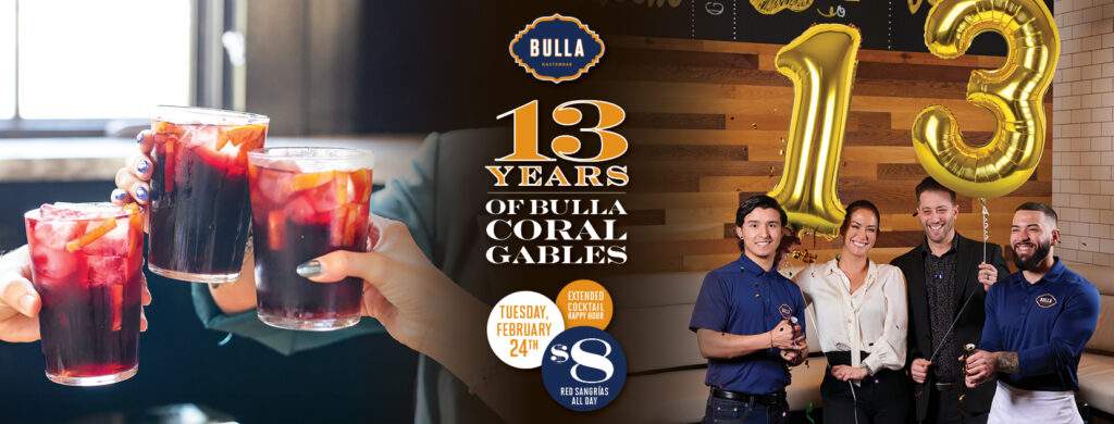 Bulla Coral Gables celebrating 13 year anniversary with gold balloons, sangría toast, extended happy hour and paella specials.