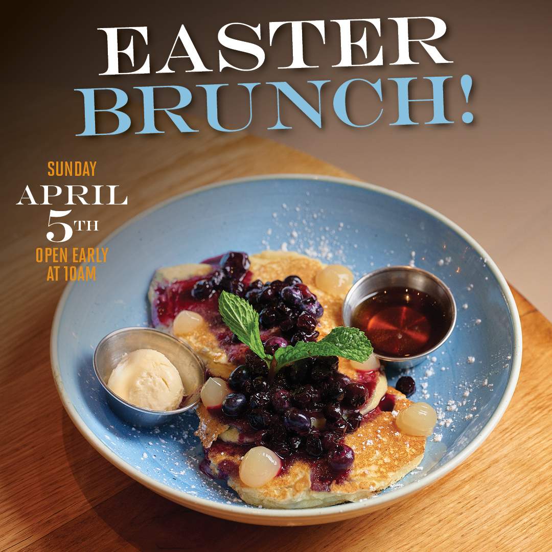 “Bulla Gastrobar Easter brunch promotion featuring pancakes with berries and syrup, mimosas being poured, and text announcing Easter brunch on Sunday, April 5th, opening early at 10 AM.”