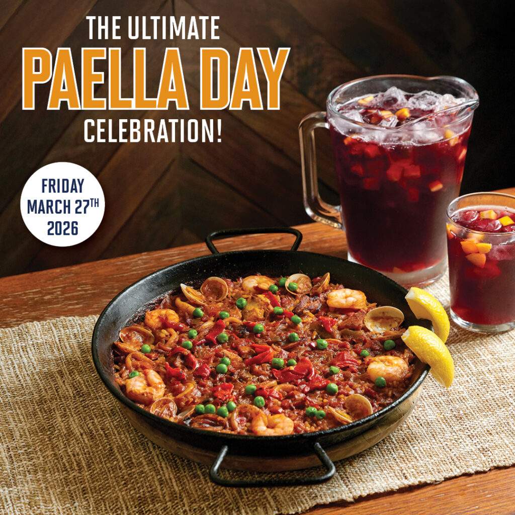 Bulla Gastrobar Paella Day promotion featuring a traditional seafood paella pan and pitchers of sangria, highlighting “The Ultimate Paella Day Celebration” on Friday, March 27, 2026.