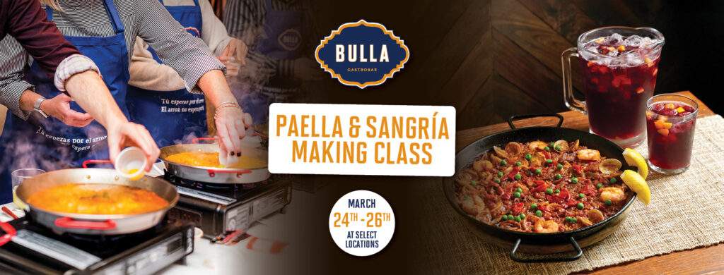 “Paella and sangria making class at Bulla Gastrobar with hands-on cooking experience and Spanish menu, tickets available on Eventbrite.”