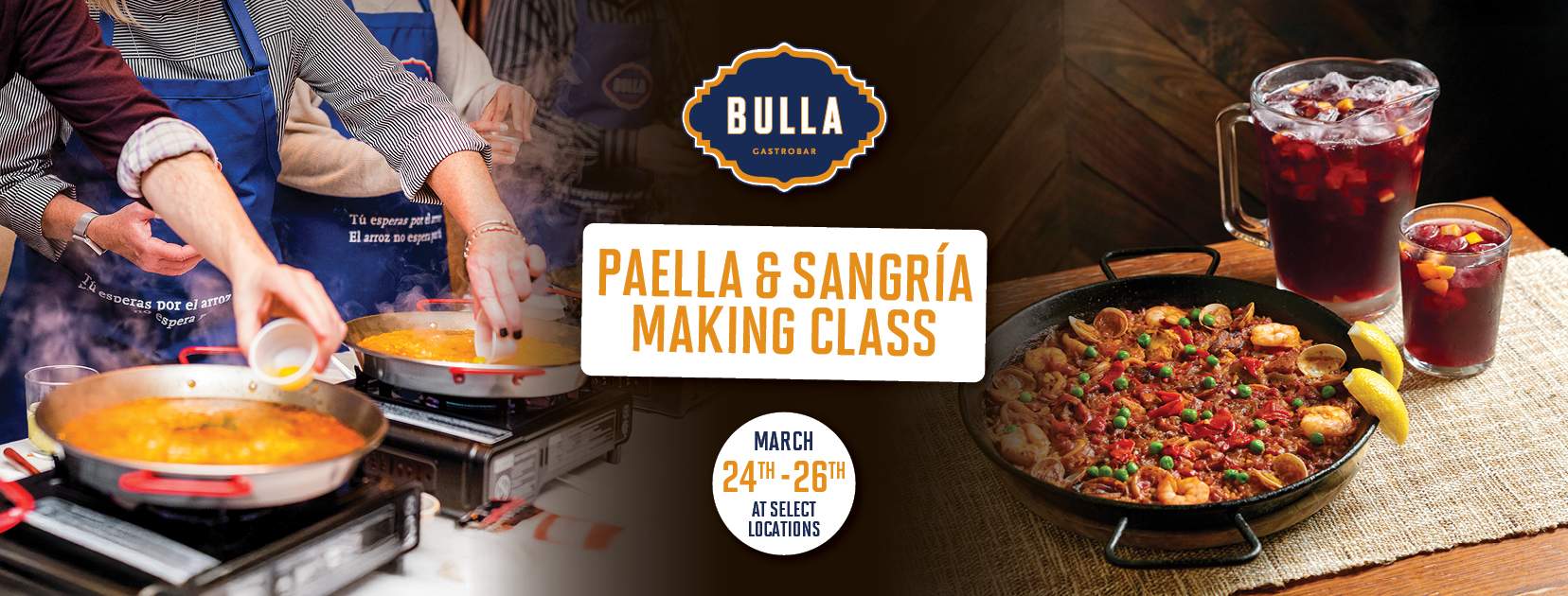 “Paella and sangria making class at Bulla Gastrobar with hands-on cooking experience and Spanish menu, tickets available on Eventbrite.”