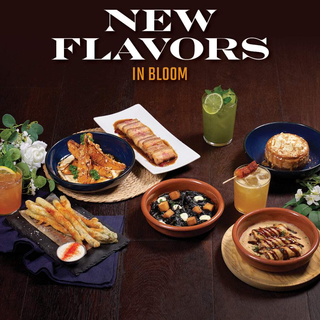 Bulla Gastrobar spring menu featuring Spanish dishes and cocktails on a wooden table with the text “New Flavors in Bloom.”