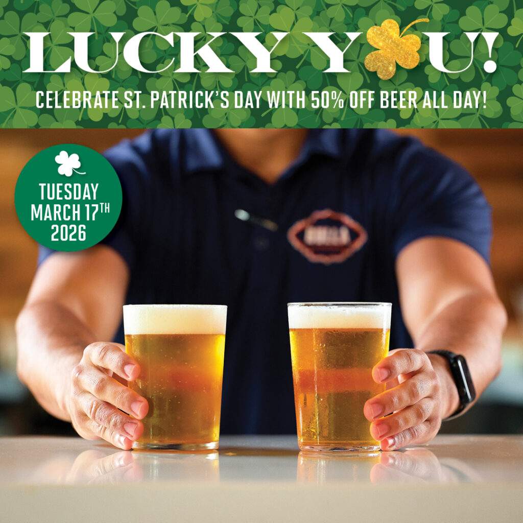 St. Patrick’s Day promotion at Bulla Gastrobar showing beer glasses with text “Lucky You” and announcing 50% off beer all day on March 17, 2026.