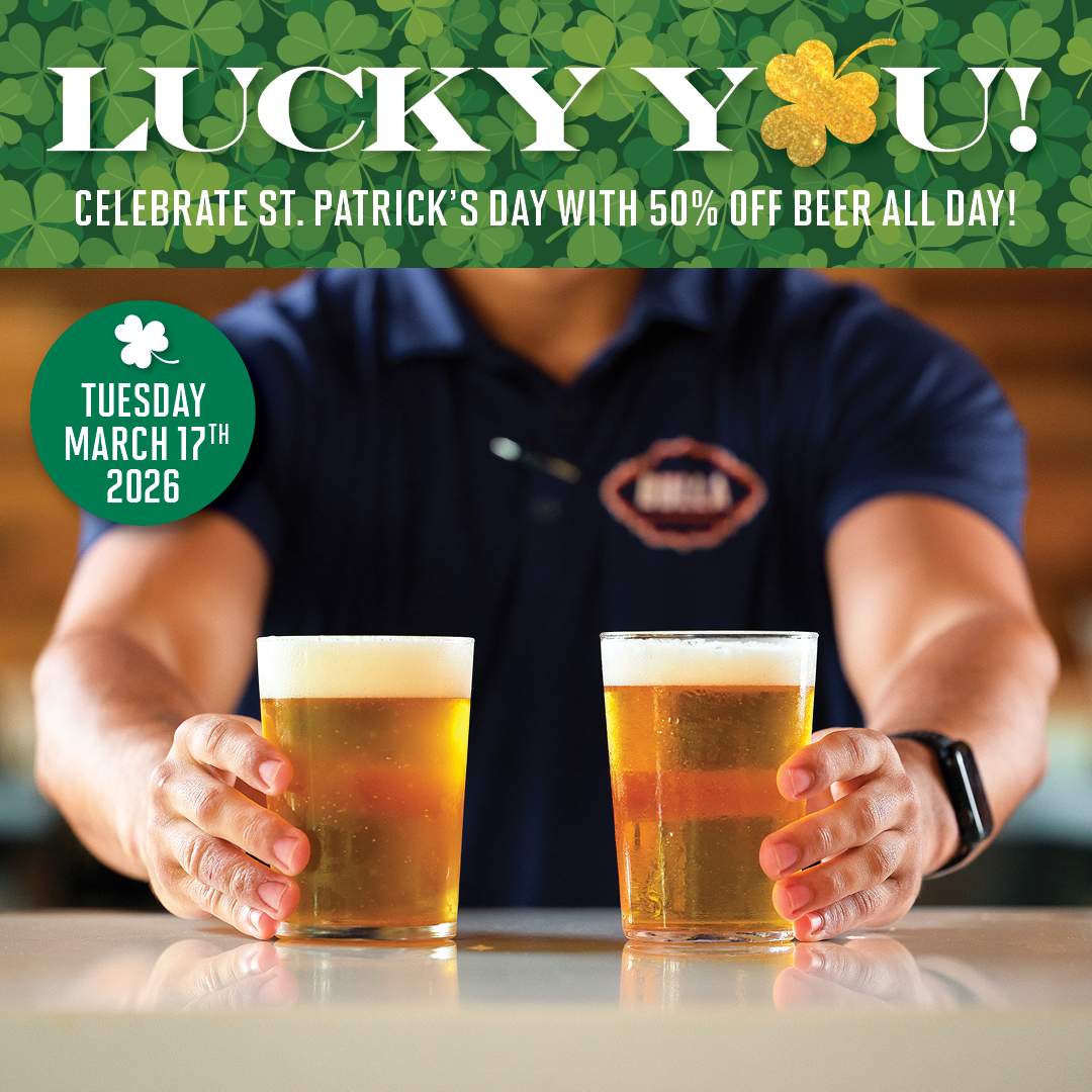 St. Patrick’s Day promotion at Bulla Gastrobar showing beer glasses with text “Lucky You” and announcing 50% off beer all day on March 17, 2026.