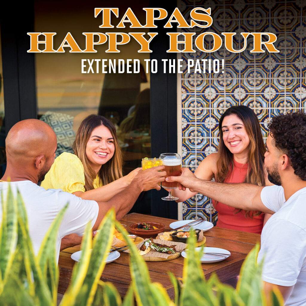 Tapas happy hour at Bulla Gastrobar featuring friends enjoying drinks and tapas on the outdoor patio.