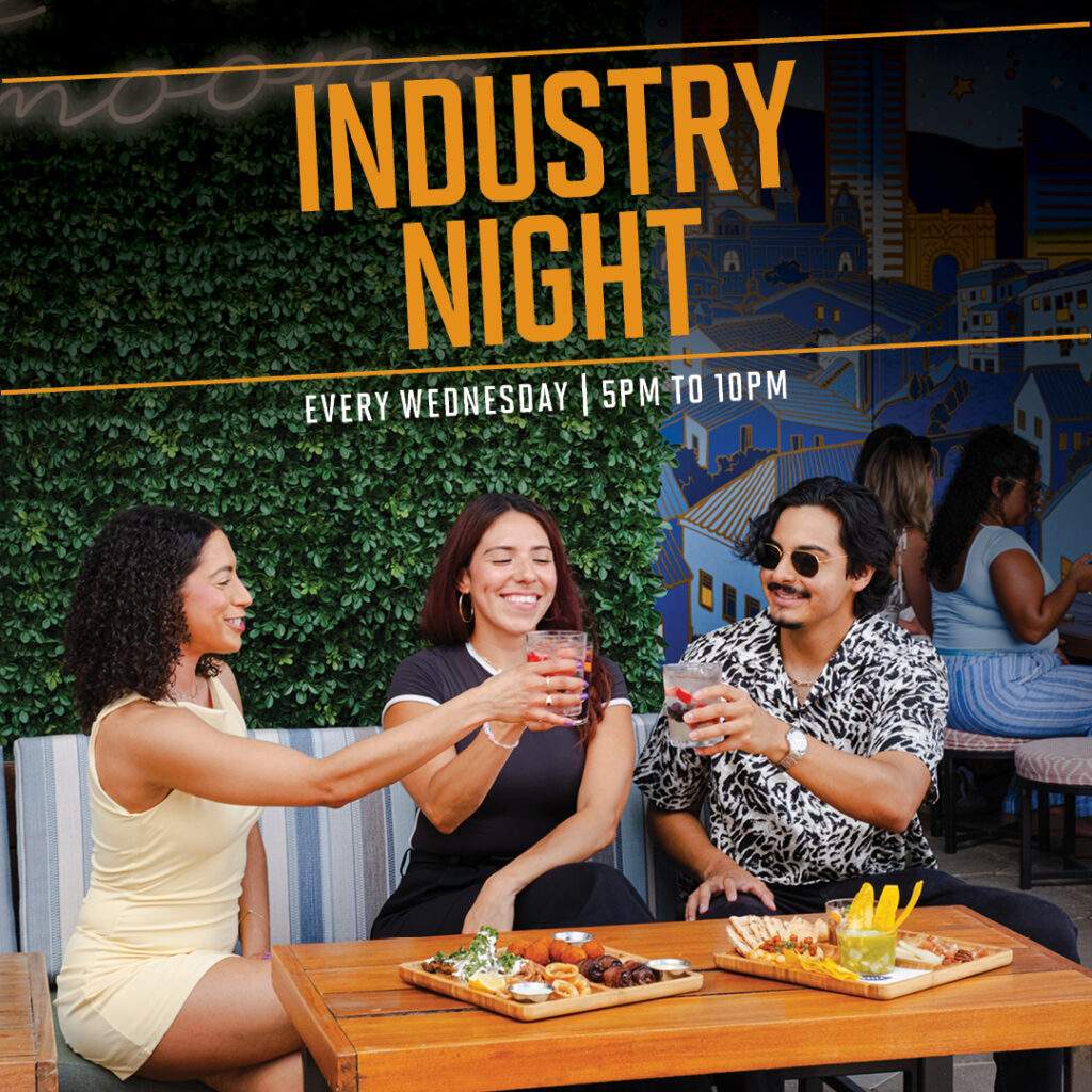 Luna Lounge by Bulla Industry Night event with guests enjoying cocktails and tapas, featuring a 15% discount for hospitality workers every Wednesday from 5 PM to 10 PM.