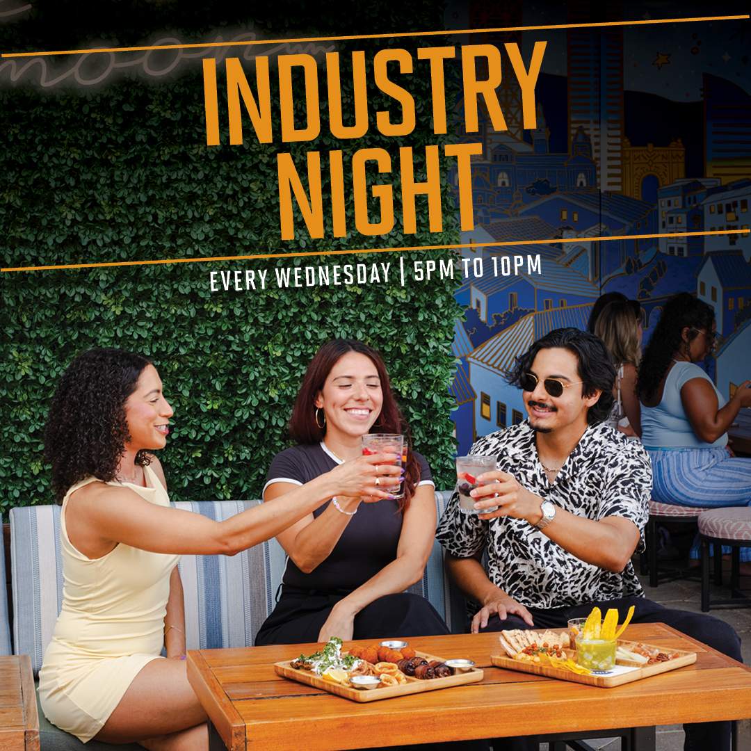 Luna Lounge by Bulla Industry Night event with guests enjoying cocktails and tapas, featuring a 15% discount for hospitality workers every Wednesday from 5 PM to 10 PM.