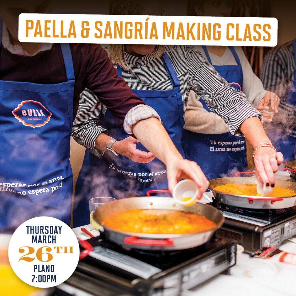 People cooking paella in a hands-on class at Bulla Gastrobar, promoting a Paella & Sangría Making Class on Thursday, March 26th at 7:00 PM in Plano