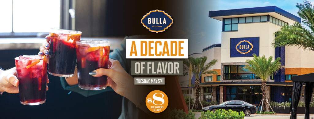Exterior of Bulla Gastrobar Doral with palm trees and a car passing by. The image features bold text reading “A Decade of Flavor” and “Tuesday, May 5th,” along with messaging that Bulla Doral is celebrating its 10-year anniversary.