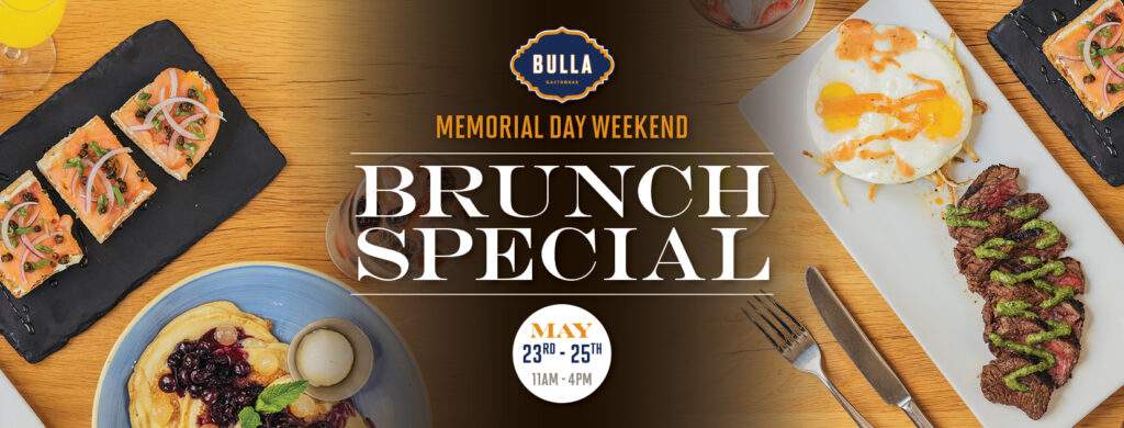 Bulla Gastrobar Memorial Day Weekend Brunch Special featuring Spanish-inspired brunch dishes, steak and eggs, pancakes, cocktails, mimosas, and sangría. Available May 23–25 from 11 AM to 4 PM.