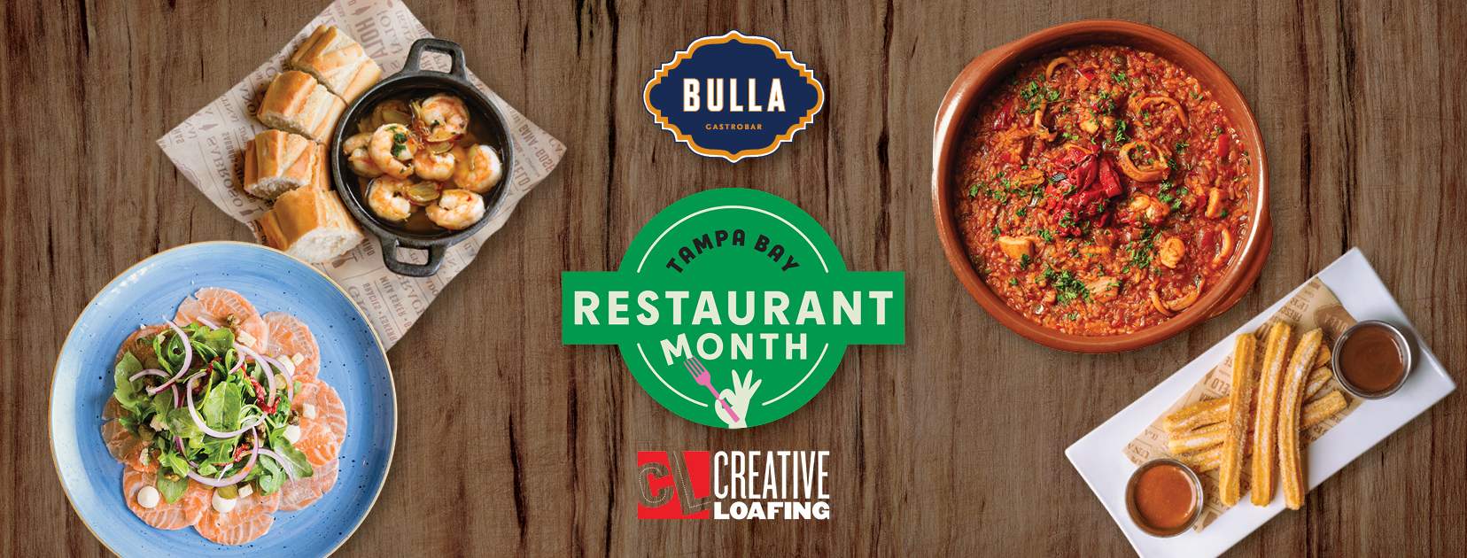 Bulla Gastrobar Tampa Bay Restaurant Month promotional graphic featuring Spanish dishes on a wood table, including tapas, paella, salmon, and churros.