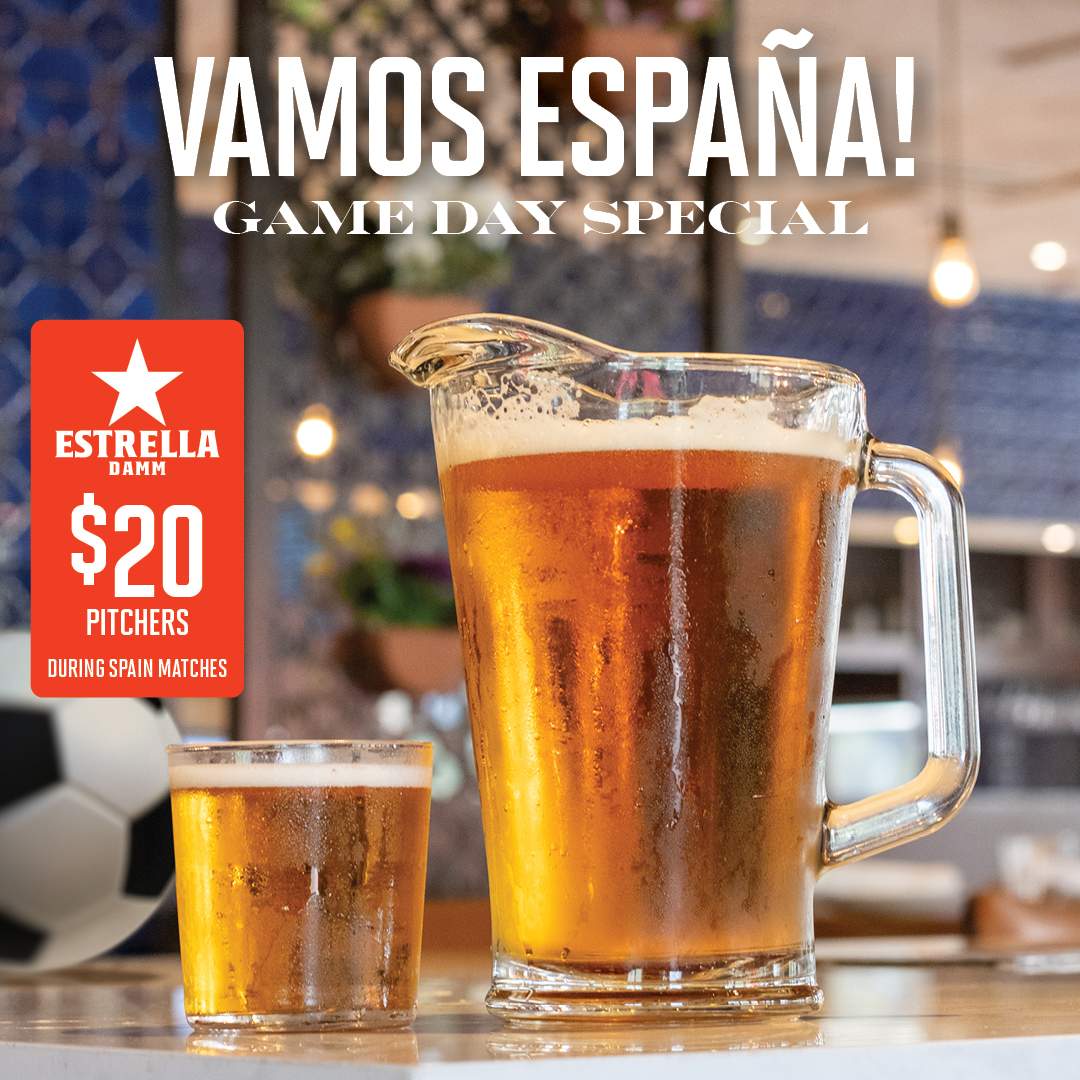 Bulla Gastrobar game day promotion featuring Estrella Damm beer pitchers, Spain flags, a soccer ball, and the text “Vamos España! Game Day Special” with $20 pitchers during Spain matches.