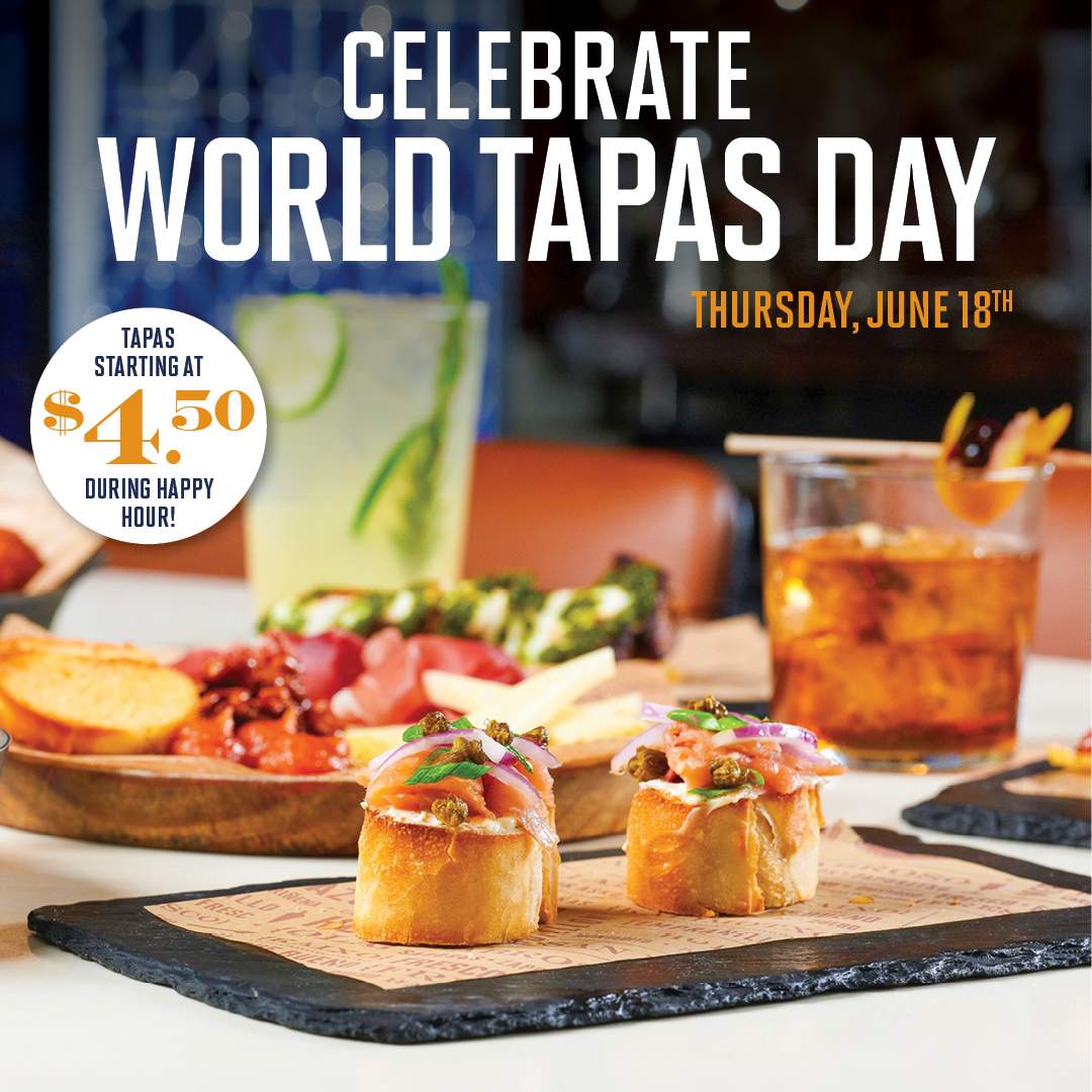 Bulla Gastrobar World Tapas Day promotion featuring Spanish tapas, cocktails, and the text “Celebrate World Tapas Day” with tapas starting at $4.50 during happy hour on Thursday, June 18th.