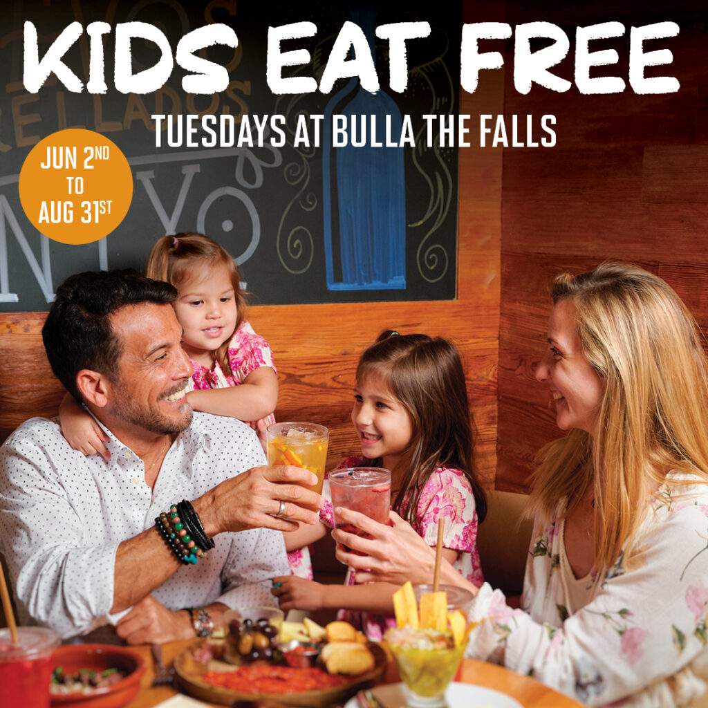 Kids Eat Free promotional graphic for Bulla The Falls featuring a family dining together, with text announcing Kids Eat Free Tuesdays from June 2nd to August 31st and a complimentary kid’s meal with purchase of entrée.