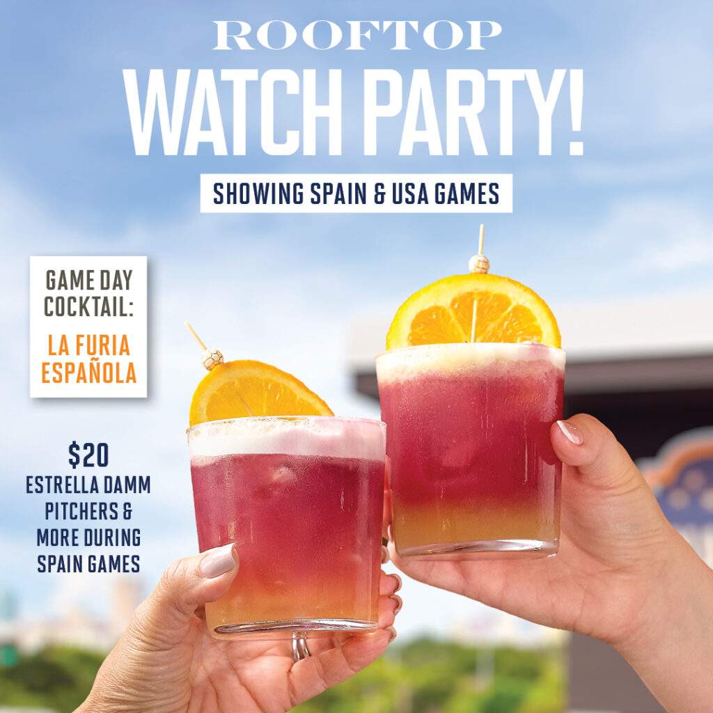 Luna Lounge rooftop watch party promotion featuring two La Furia Española cocktails, Spain and USA game details, and $20 Estrella Damm pitchers during Spain games.