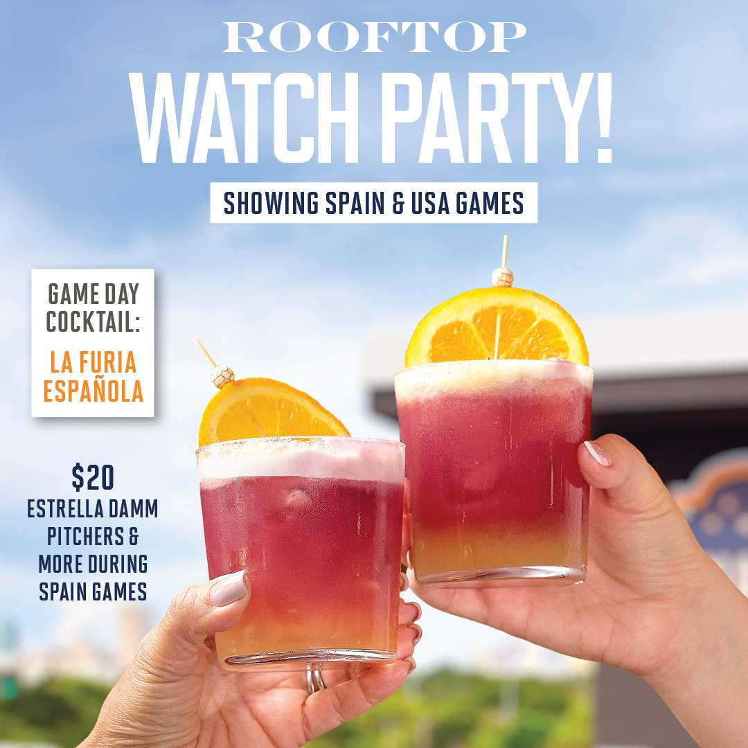 Luna Lounge rooftop watch party promotion featuring two La Furia Española cocktails, Spain and USA game details, and $20 Estrella Damm pitchers during Spain games.