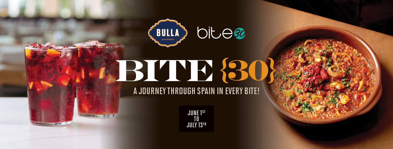 ite30 Winter Park promotional graphic featuring a Spanish paella dish with text highlighting a 3-course prix fixe dinner menu, sangría included, for $38 from June 1st to July 13th.