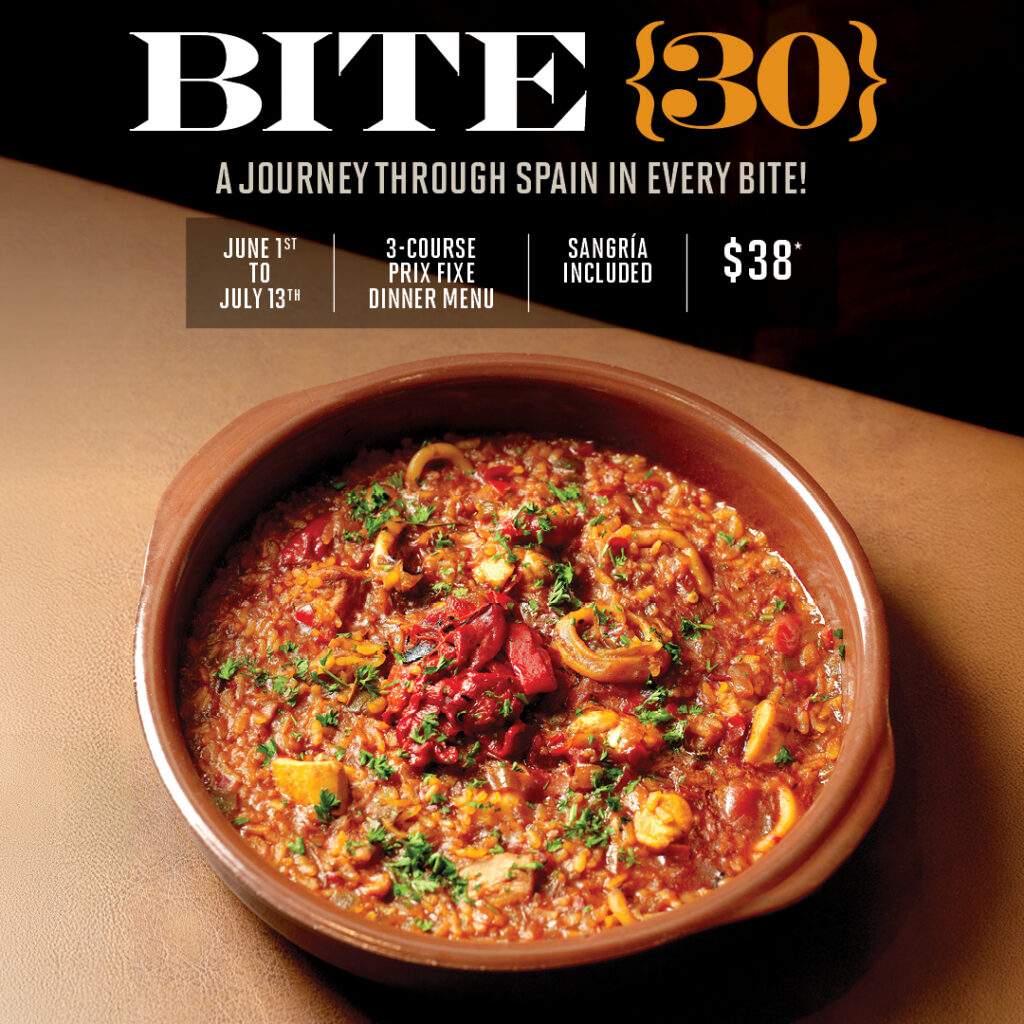 Bite30 Winter Park promotional graphic featuring a Spanish paella dish with text highlighting a 3-course prix fixe dinner menu, sangría included, for $38 from June 1st to July 13th.