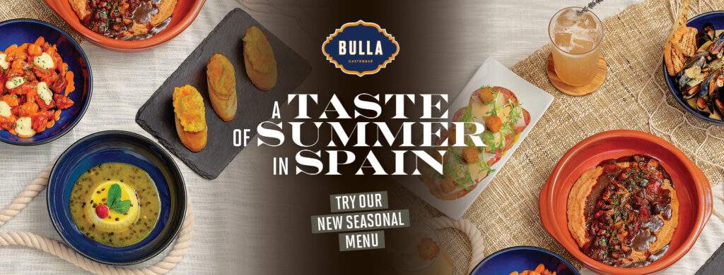 Bulla Gastrobar summer menu promotion featuring Spanish-inspired seasonal dishes, summer cocktails, and the headline A Taste of Summer in Spain.
